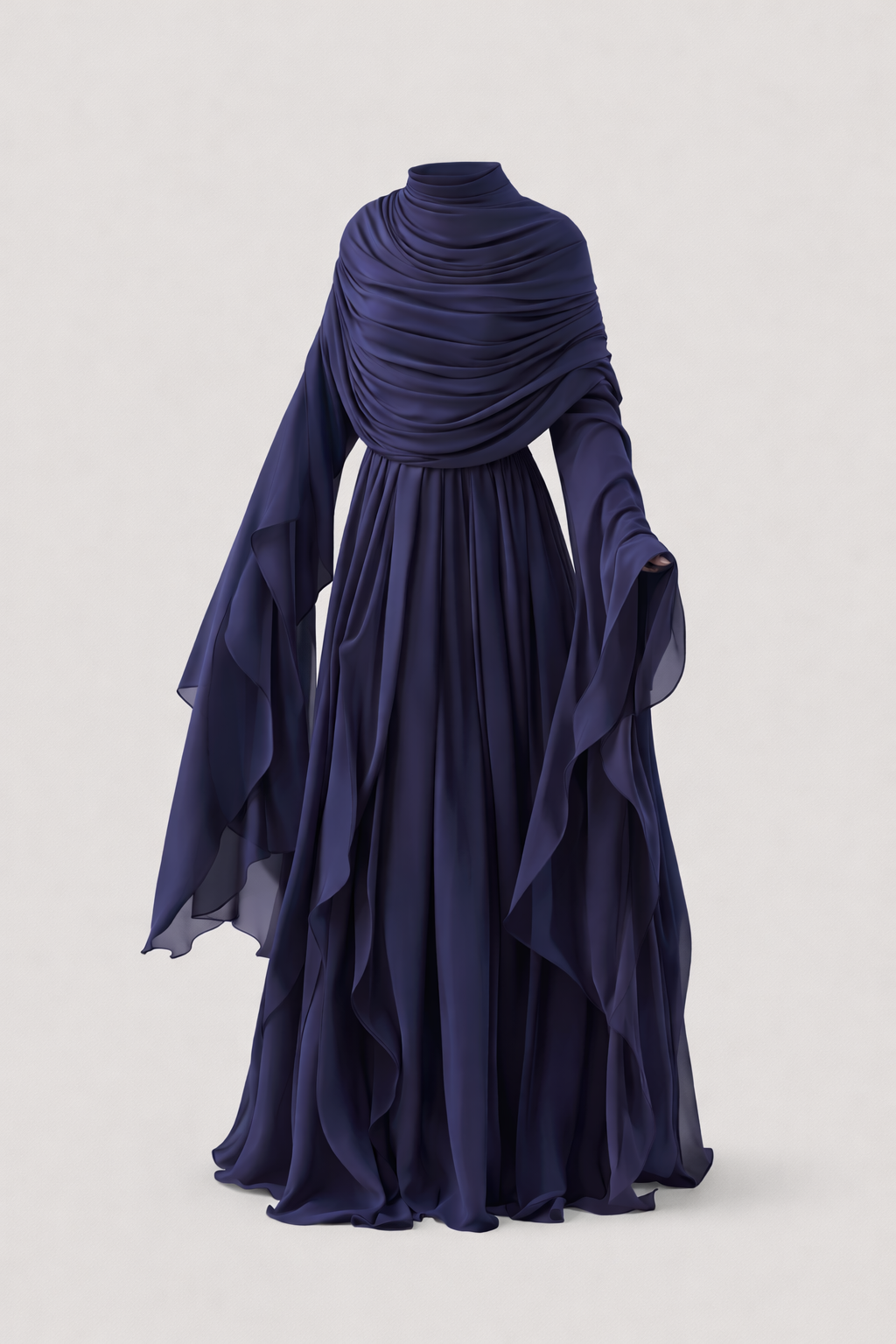 Navy blue evening gown with ruffled sleeves on a light gray background