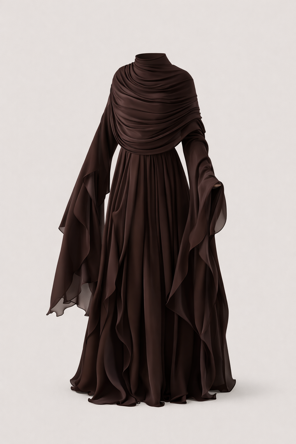 Brown evening gown with a draped design on a white background
