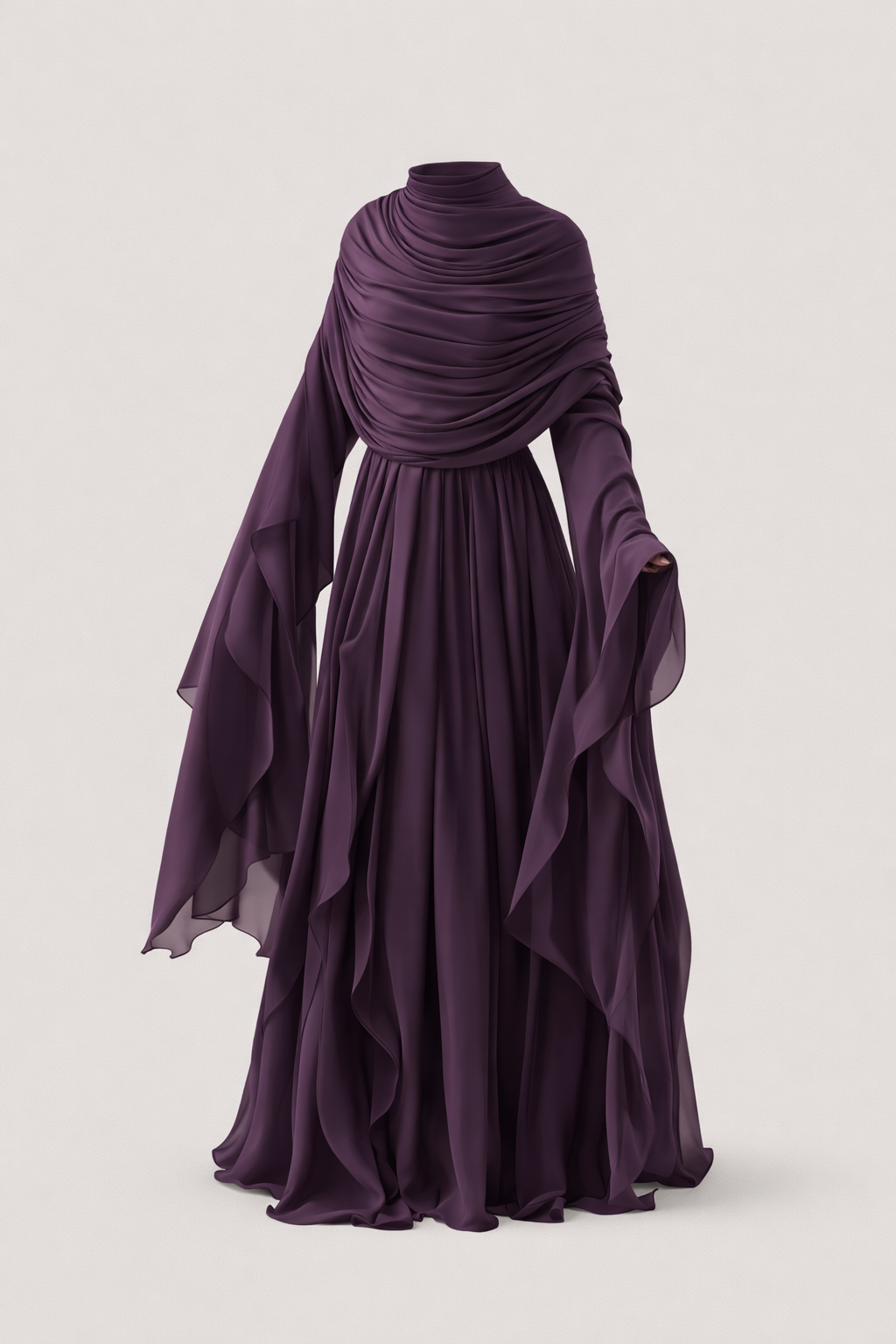 Elegant purple dress with ruffled sleeves on a light gray background